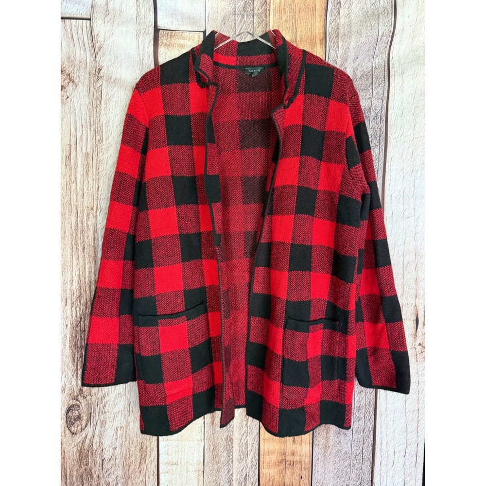 Talbots Cardigan Buffalo Plaid Open Front Sweater Red Black Fall Winter Medium